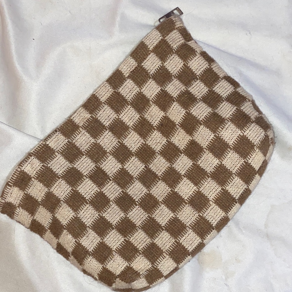 Checkerboard Knit Pouch in Brown and Cream